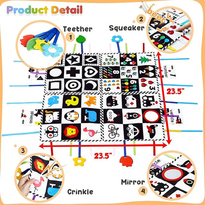beiens Baby Toys 0-6 Months, Tummy Time Crinkle Toys with Mirror 0-6-12-18 Months Mats-4 in 1
