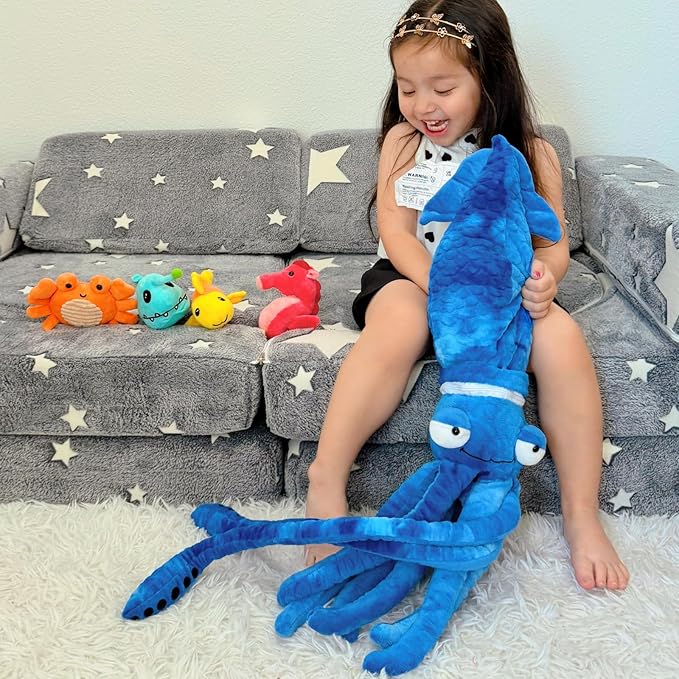 Giant Squid Stuffed Animal Toy 41.3 inches with Four pcs of Marine Animal Plush Dolls Clownfish,Crab