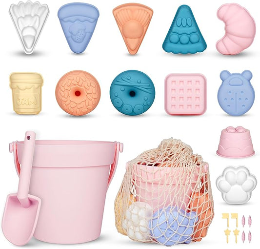 ISSEVE 23Pcs Beach Toys Set for Kids Toddlers Girls, Silicone Sand Toys Include Sand Bucket 12 Sand 3-12 (Pink)