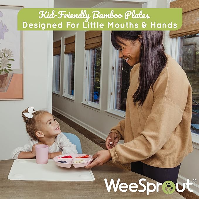 WeeSprout Divided Bamboo Plates for Kids, Kids Plates Made With Food Grade Natural Bamboo, Divided Design for Picky Eaters, Kid-Sized Reusable Tableware, Dishwasher Safe Dinnerware, Set of 4