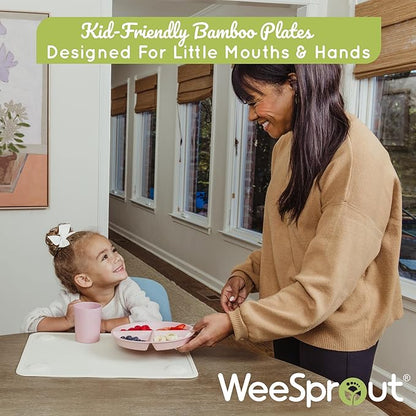 WeeSprout Divided Bamboo Plates for Kids, Kids Plates Made With Food Grade Natural Bamboo, Divided Design for Picky Eaters, Kid-Sized Reusable Tableware, Dishwasher Safe Dinnerware, Set of 4