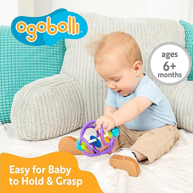 OgoBolli Teether Ring Tactile Sensory Ball and Baby Rattle Toy for Babies & Toddlers - Stretchy, Squishy 6+ Months