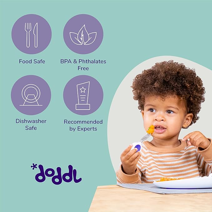 doddl Toddler Utensils, Ergonomic Fork and Spoon Set for Self Feeding, Stainless Steel Silverware for 1-3 Year Olds, BPA Free, Dishwasher Safe (Magenta)