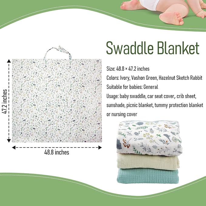 Muslin Swaddle Blanket 3 Piece Set, Breathable Multi-Functional Baby Blanket Neutral, Unisex Newborn Receiving Blankets, 49'' x 47'' Muslin Baby Car Seat Cover, Nursing Covers Newborn