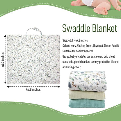 Muslin Swaddle Blanket 3 Piece Set, Breathable Multi-Functional Baby Blanket Neutral, Unisex Newborn Receiving Blankets, 49'' x 47'' Muslin Baby Car Seat Cover, Nursing Covers Newborn