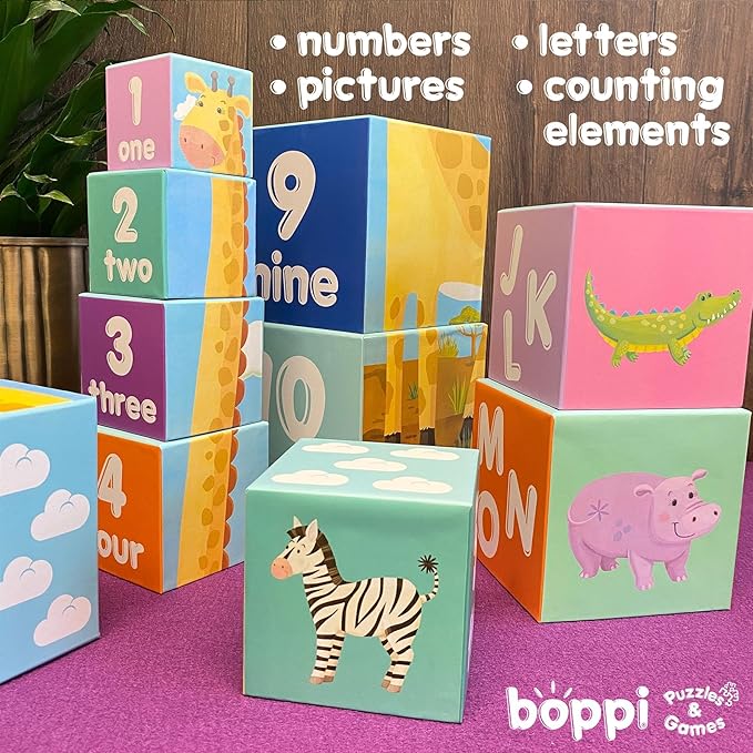 Baby Stacking Blocks Jungle Safari Animal Toys with Letters and Numbers, Montessori Cubes for Toddlers