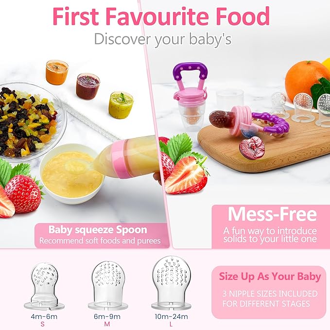 WAJIAYON Baby Fruit Feeder Pacifier - 12 Pack | 2 Baby Fruit Food Feeder Pacifier & 1 Baby Food Dispensing Spoon