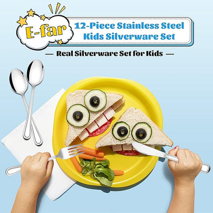 E-far 12-Piece Kids Silverware, Stainless Steel Toddler Kids Utensils Safe for Preschooler/Children, Includes 4 Forks 4 Spoons 4 Knife, Slimline Adult Look & Small Size, Rust Free & Dishwasher Safe