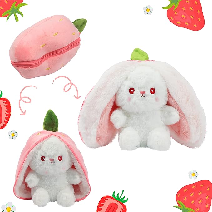 Hopearl Reversible Strawberry Floppy Ear Bunny Stuffed Animal with Zipper Adorable Magical Plush Toy Rabbit Soft Squishy Plushie Gifts for Kids Girls, Pink 10''