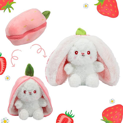 Hopearl Reversible Strawberry Floppy Ear Bunny Stuffed Animal with Zipper Adorable Magical Plush Toy Rabbit Soft Squishy Plushie Gifts for Kids Girls, Pink 10''