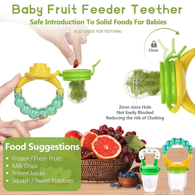 WAJIAYON Baby Fruit Feeder Pacifier - 12 Pack | 2 Baby Fruit Food Feeder Pacifier & 1 Baby Food Dispensing Spoon