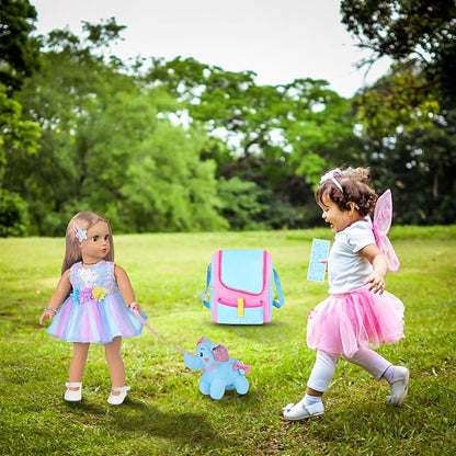 UNICORN ELEMENT 18 Inch Girl Doll Accessories with Doll Carrier Bag + Dress + 2 Hairpins + Blue Sticker + Bracelets + Toy Elephant, Baby Doll Clothes and Accessories for 18 Inch Doll (No Doll)