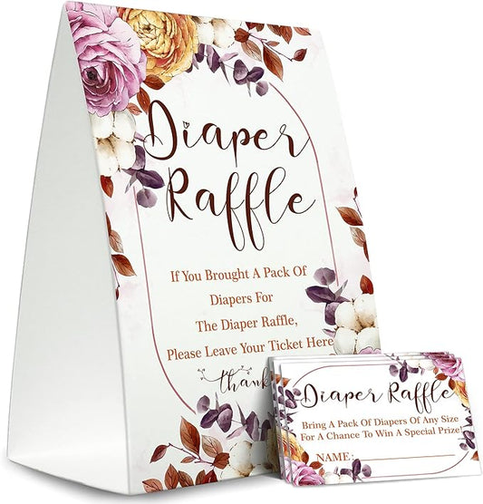 Diaper Raffle Sign,Diaper Raffle Baby Shower Game Kit (1 Standing Sign + 50 Guessing Cards) Diapers-N07