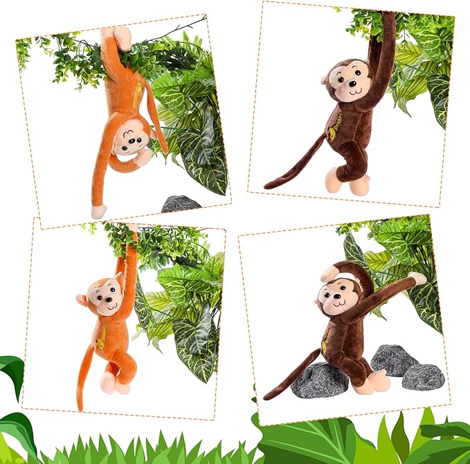 4-Pack 17.8" Hanging Stuffed Monkeys with Hook & Loop Fasteners - Plush Toy Gifts for Teens & Adults, Plush Stuffed Animal Toys Soft Monkey Doll Decoration (Brown