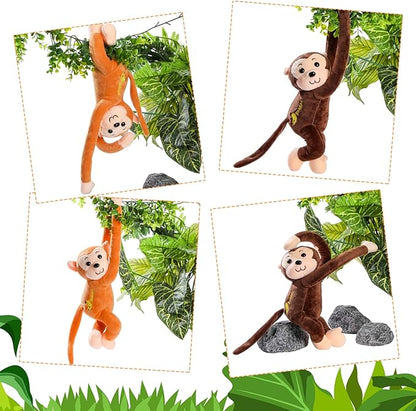 4-Pack 17.8" Hanging Stuffed Monkeys with Hook & Loop Fasteners - Plush Toy Gifts for Teens & Adults, Plush Stuffed Animal Toys Soft Monkey Doll Decoration (Brown