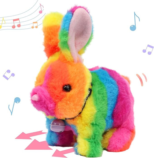 Hopearl Hopping Rabbit with Bell Interactive Electronic Pet Plush Bunny Toy with Sounds and Movements Animated Walking Wiggle Ears Twitch Nose Gift for Toddlers Birthday, Rainbow 7''
