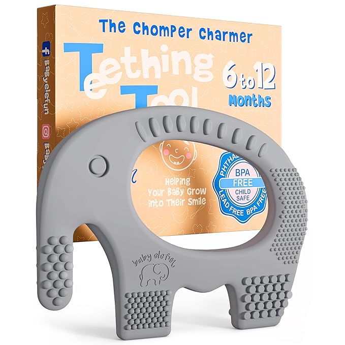 Teethers for Babies 6-12 Months - Baby Elefun 5x Pain Relief Toddler Teether. No More Ouch for Mom Anti Bite Trainer. Nurtures Grasping, Passing