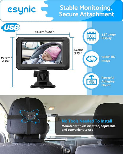 eSynic Baby Car Camera with 4.3 Inch Screen Backseat Baby Monitor 1080P HD Night Vision USB-Powered 360° Rotating Lens 150° Wide Angle 8 LEDs for Baby Car Seat Monitoring Driving Safety