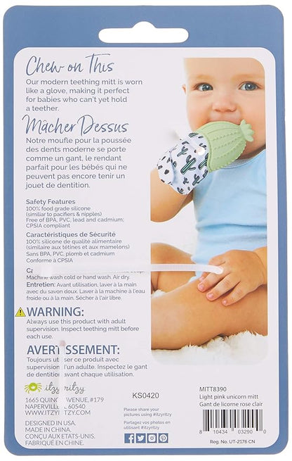 Itzy Ritzy Silicone Teething Mitt - Soothing Infant Teething Mitten w/Adjustable Strap, Crinkle Sound 3 Mos