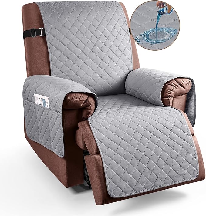 KinCam 100% Waterproof Recliner Chair Cover, Reclining Couch Covers for Pets, Dogs, Recliner Couch Slipcover Furniture Protector with Elastic Straps for Kids(28", Light Gray)