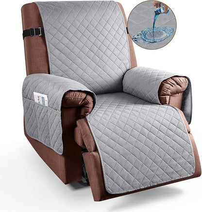 KinCam 100% Waterproof Recliner Chair Cover, Reclining Couch Covers for Pets, Dogs, Recliner Couch Slipcover Furniture Protector with Elastic Straps for Kids(28", Light Gray)