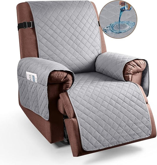 KinCam 100% Waterproof Recliner Chair Cover, Reclining Couch Covers for Pets, Dogs, Recliner Couch Slipcover Furniture Protector with Elastic Straps for Kids(28", Light Gray)