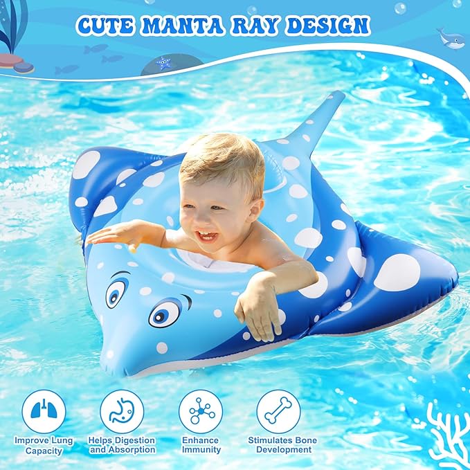 Inflatable Pool Float for Kids - Manta Ray Pool Floaties Swimming Ring, Fun Summer Outdoor Beach Swimming Pool Tube Water Toys for Kids 3 4 5 Years