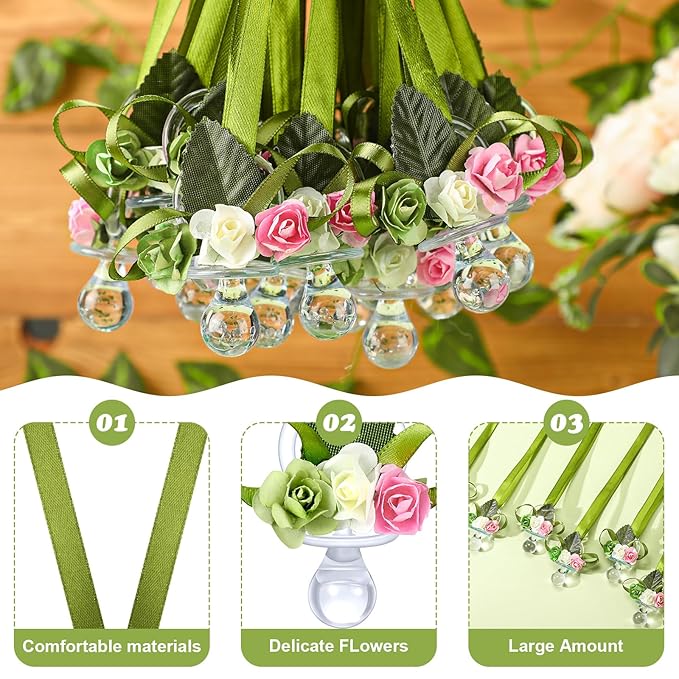XunYee 48 Pcs Sage Green Baby Shower Pacifiers Necklace Acrylic