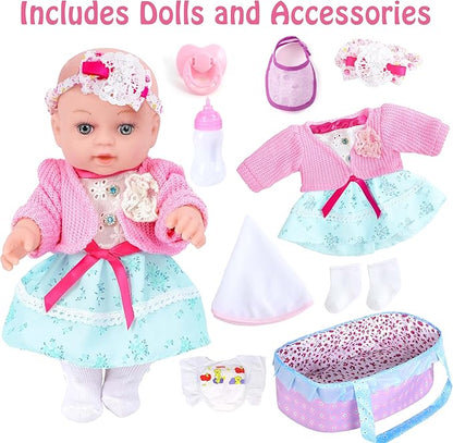 Realistic Baby Dolls 12 Inch Girl Baby Doll with Accessories and Clothes Includes Blanket,Carrier Bassinet Bed 3 Ages