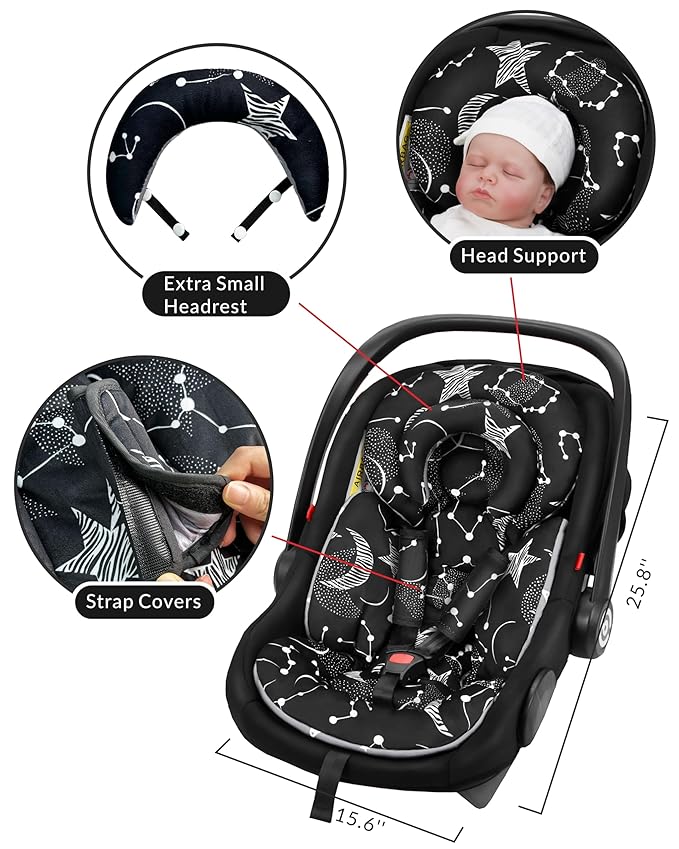 Infant Car Seat Insert with Extra Cushion for Preemie to Infants, Reversible Newborn Carseat Insert Head Support, Fits for Stroller, Baby Swing, Rocker, Bassinets, Pushchair (Black Star)