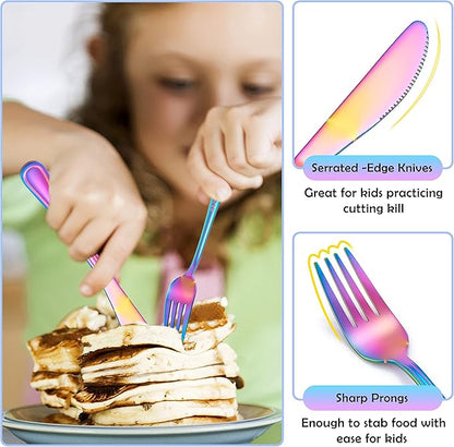 E-far 6-Piece Kids Silverware, Stainless Steel Toddler Utensils Safe for Preschooler/Children, Includes 2 Forks 2 Spoons 2 Knife, Slimline Adult Look & Small Size, Rust Free & Dishwasher Safe-Rainbow