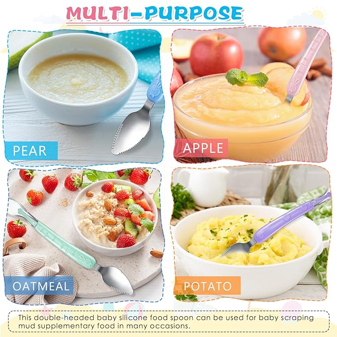 Lallisa 4 Pcs Double Head Baby Silicone Food Spoon Baby Fruit Scraping Mud Spoon Soft Feeding Food Scraper for Infants Fruit Feeding (Multicolor)