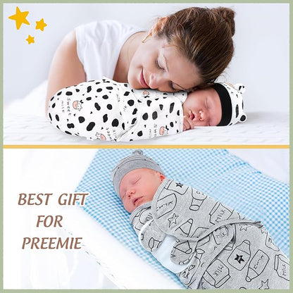 Buryeah 4 Pack Preemie Swaddle Blanket Wrap Set with Hat for Baby Boys Girls 3-7 Lbs Preemie Newborn Clothes Sleepers Cap