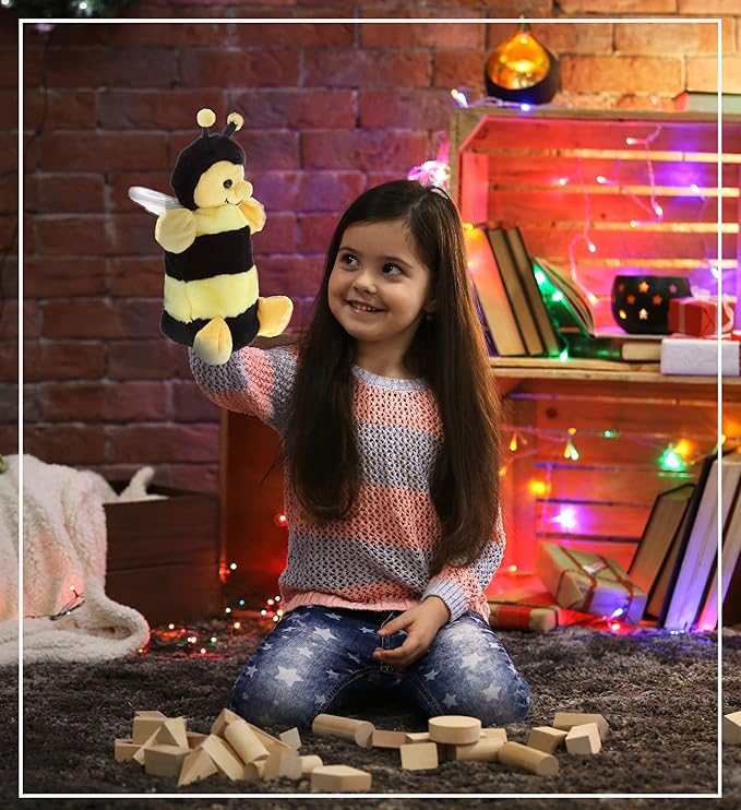 DolliBu Honeybee Plush Hand Puppet - Soft Bee Puppet Stuffed Animal Hand Puppet Toy, Perfect for Puppet Show Games 10 Inch