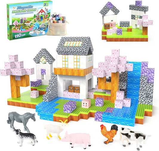 Magnetic Blocks 110PCS with 6 Animal Toys, Building Blocks Set, Toys for Boys & Girls Age 4-6,6-8, STEM Montessori Stacking Building Toys for Toddlers Kids 3+(Cherry & Animal)