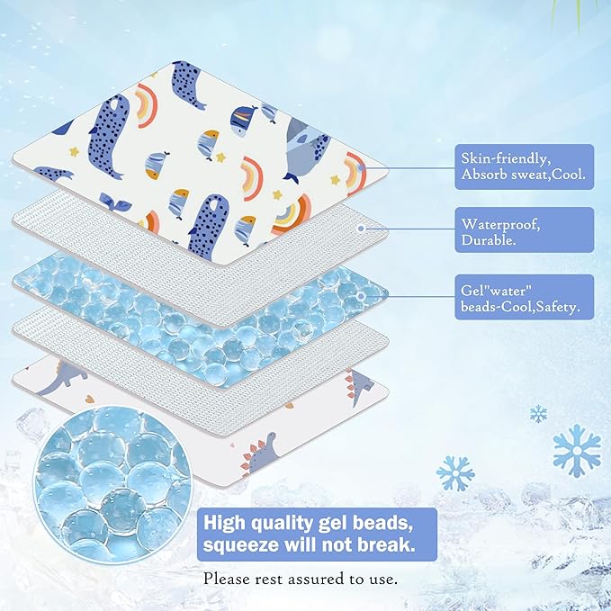 Gel Car Seat Cooler Pad,1 Pack Double Sides-Universal Baby Stroller Ice Cushion Mat,Summer Cooling Seat Liner,Multifunctional Suitable for Baby Dining Chair,Child Safety Seat(Whale + Blue Dinosaur)