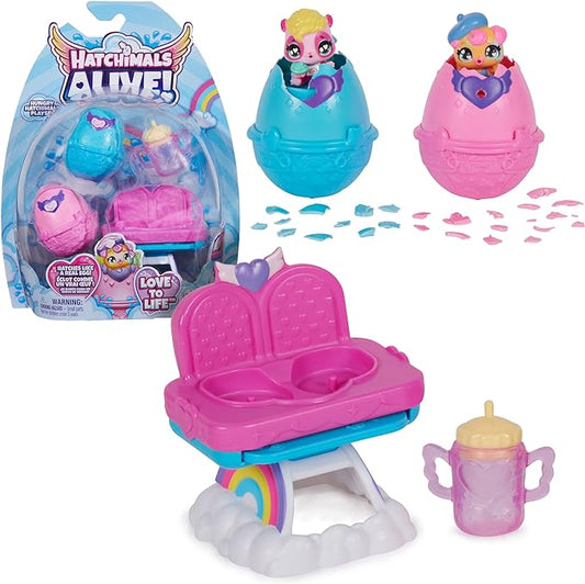 Hatchimals Alive, Hungry Hatchimals Playset with Highchair Toy and 2 Mini Figures in Self-Hatching Eggs 3 and