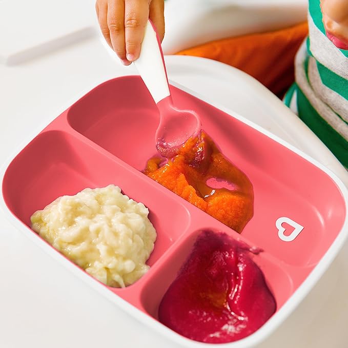 Munchkin® Splash™ 4 Piece Toddler Divided Plate and Bowl Dining Set, Pink/Purple & Any Angle™ Weighted Straw Trainer Cup with Click Lock™ Lid, 7 Ounce, 2 Pack, Pink/Purple