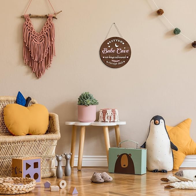 Kercan Babe Cave Door Sign Wooden Circle Baby Room Decor 12'' Round