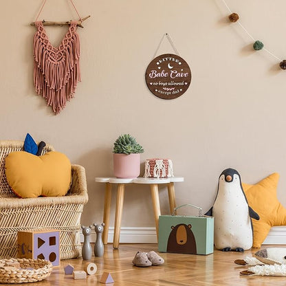 Kercan Babe Cave Door Sign Wooden Circle Baby Room Decor 12'' Round