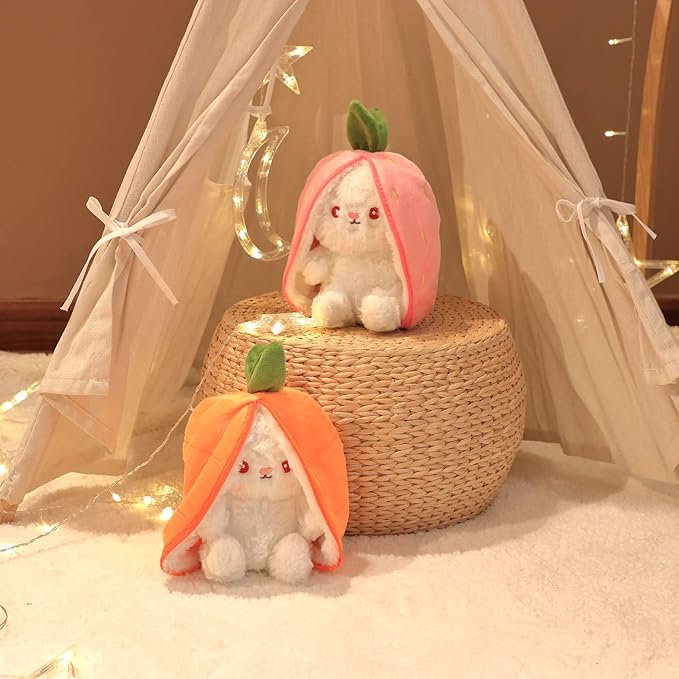 Hopearl Reversible Strawberry Floppy Ear Bunny Stuffed Animal with Zipper Adorable Magical Plush Toy Rabbit Soft Squishy Plushie Gifts for Kids Girls, Pink 10''