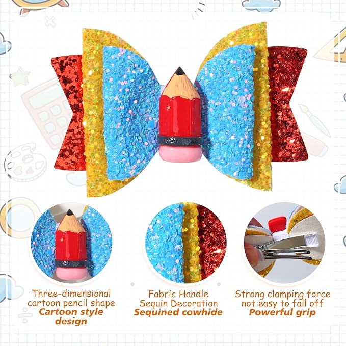 Back to School Bow Hair Clips Red Pencil Bow Clips Students2Pcs(Red)