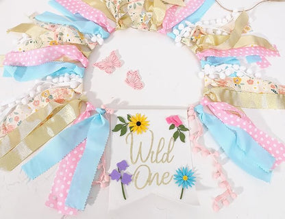 Wild flower High Chair Banner - Girls Wild One 1st Birthday Decoration, Floral Theme Highchair Banner