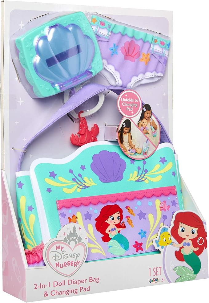 My Disney Nursery Baby Doll Accessories, Ariel Transforming 2-in-1 Diaper Bag & Changing Pad for Dolls Inspired by Disney The Little Mermaid! Pretend Wipes Toy Container