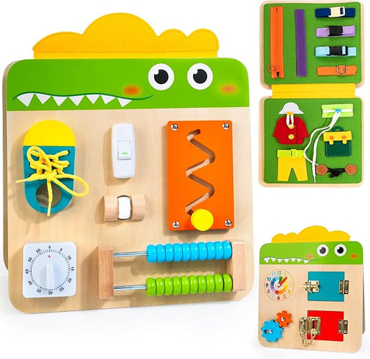 HELLOWOOD Wooden Busy Board for Toddlers 1-3 2-4, Montessori Learning Toy with 19 Eductional Activities