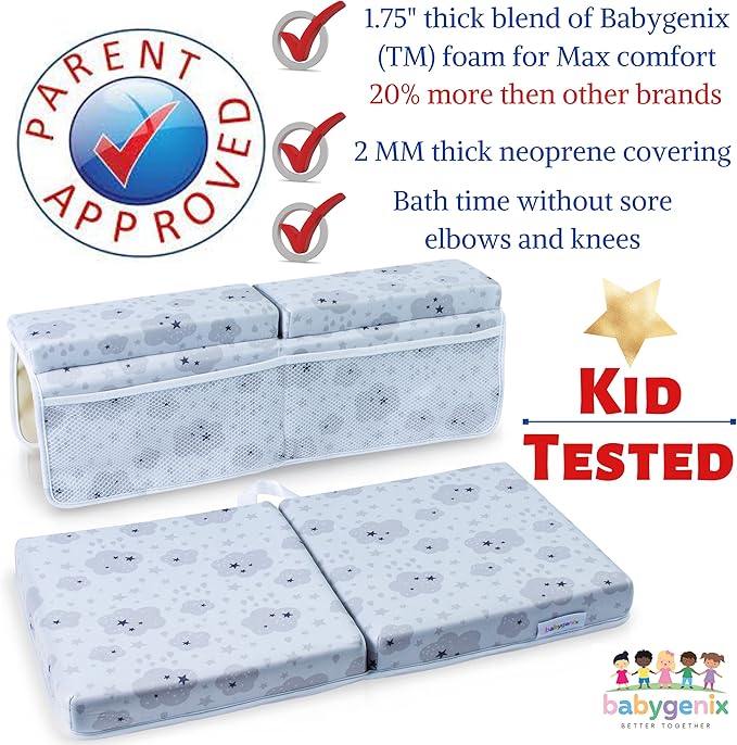 Includes All Shown Bath Kneeler & Elbow Rest Pad Set- 1.75" Thick Bathtub Kneeler Mat & Arm Rest with 4 Pockets for Bathing Baby, 5 Bath Toys