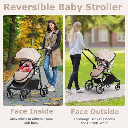 INFANS 2 in 1 Baby Stroller, High Landscape Infant Stroller & Reversible Bassinet Pram, Foldable Pushchair with Adjustable Canopy, Cup Holder, Storage Basket, Suspension Wheels (Khaki)