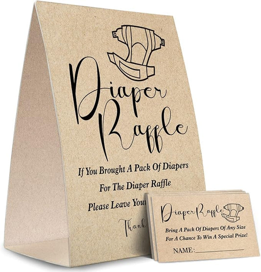 Kraft Paper Diaper Raffle Sign,Diaper Raffle Baby Shower Game Kit (1 Standing Sign + 50 Guessing Cards) Diapers-NPZ18