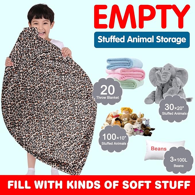 Lukeight Stuffed Animal Storage Bean Bag Chair Cover for Kids, Zipper Beanbag Chair Cover for Organizing Toddler and Kids' Rooms Plush Toys (Leopard Velvet, XX-Large)