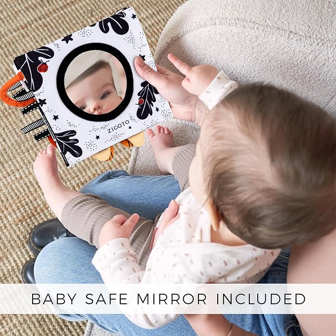 Soft Baby Book with Touch and Feel Pages - Cute Tummy Time Book for Babies 0-6 Months with Mirror & Crinkle Paper